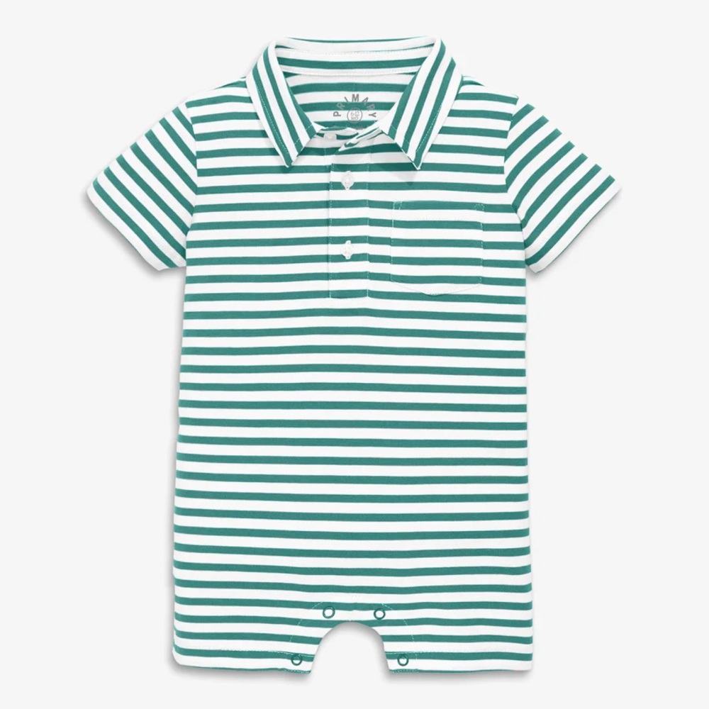 Primary Striped Green & White Polo Romper